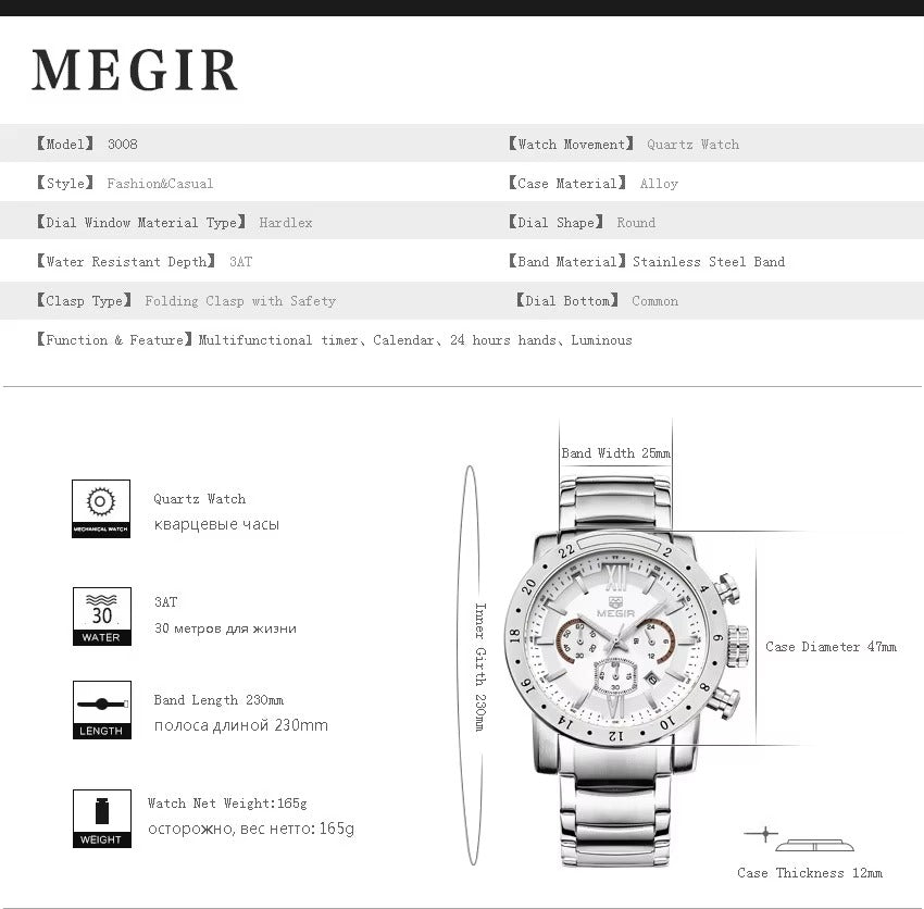 3008 Megir-montre à quartz pour hommes